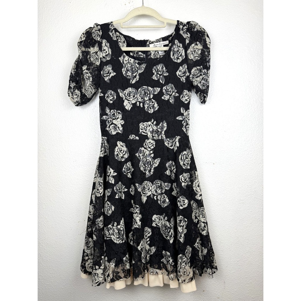 American Rag Black and White Rose Print Lace short puff sleeves Dress Size S